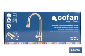 Grifo de cocina extensible dorado con 3 funciones y giro 360° | Material: acero inoxidable | Acabado cepillado | Cartucho cerámico Ø35 mm - Cofan