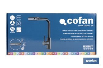 Grifo de cocina negro con 3 funciones y giro 360º | Material: acero inoxidable 304 | Cartucho cerámico de Ø35 mm - Cofan