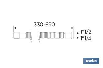 Tubo flessibile 1" 1/2 con riduttore 1" 1/4 | Bianco | Dimensioni: 330-690 mm | Per valvole da lavabo-bidet o lavandino - Cofan