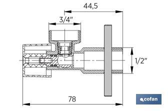 Valvola a squadra per lavatrice | Dimensioni: 1/2" x 3/4" | Realizzata in ottone CV617N | Chiusura e apertura da 1/4 di giro - Cofan