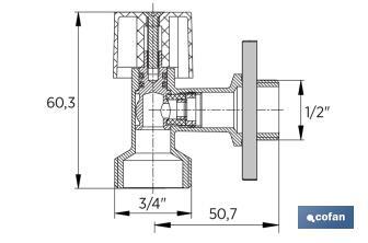 Valvola a squadra per lavatrice | Dimensioni: 1/2" x 3/4" | Realizzata in ottone CV617N | Chiusura e apertura da 1/4 di giro - Cofan