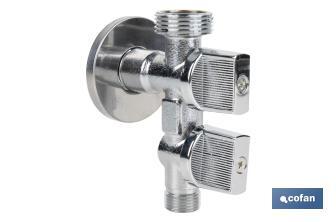 Valve d'Équerre avec Double Sortie | Dimensions : 1/2" x 1/2" X 3/8" | Fabriquée en Laiton CW617N | Filetage d'Entrée de Gaz - Cofan