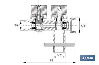 Valve d'Équerre avec Double Sortie | Dimensions : 1/2" x 1/2" X 3/8" | Fabriquée en Laiton CW617N | Filetage d'Entrée de Gaz - Cofan