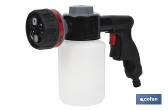 Pistola de riego con 6 posiciones ajustables y depósito para dispensador de jabón de 500 ml - Cofan