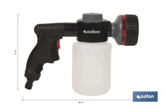 Pistola de riego con 6 posiciones ajustables y depósito para dispensador de jabón de 500 ml - Cofan