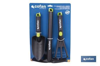 Set de 3 herramientas de jardinería | Incluye: trasplantador, rastrillo y azuela - Cofan