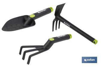 Set de 3 herramientas de jardinería | Incluye: trasplantador, rastrillo y azuela - Cofan