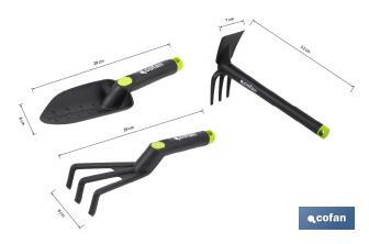 Set de 3 herramientas de jardinería | Incluye: trasplantador, rastrillo y azuela - Cofan