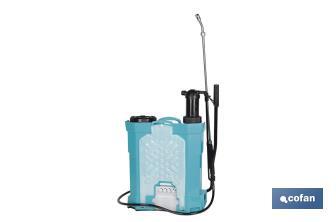 Pulverizador de espalda | Funcionamiento eléctrico y manual | Capacidad: 16 litros | Batería de Li-Ion 12 V | Lanza 60 cm | 4 boquillas | Correas acolchadas - Cofan