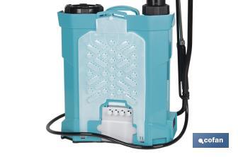 Pulverizador de espalda | Funcionamiento eléctrico y manual | Capacidad: 16 litros | Batería de Li-Ion 12 V | Lanza 60 cm | 4 boquillas | Correas acolchadas - Cofan
