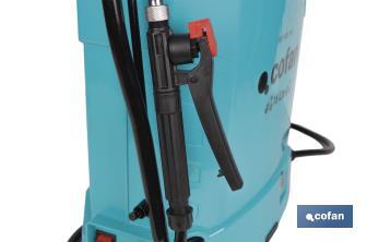 Pulverizador de espalda | Funcionamiento eléctrico y manual | Capacidad: 16 litros | Batería de Li-Ion 12 V | Lanza 60 cm | 4 boquillas | Correas acolchadas - Cofan