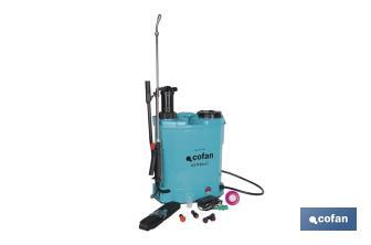 Pulverizador de espalda | Funcionamiento eléctrico y manual | Capacidad: 16 litros | Batería de Li-Ion 12 V | Lanza 60 cm | 4 boquillas | Correas acolchadas - Cofan