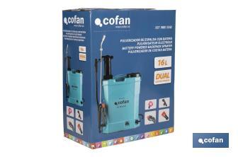Pulverizador de espalda | Funcionamiento eléctrico y manual | Capacidad: 16 litros | Batería de Li-Ion 12 V | Lanza 60 cm | 4 boquillas | Correas acolchadas - Cofan