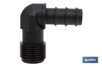 Conector en forma de Codo con Rosca Macho 3/4" color Negro - Cofan