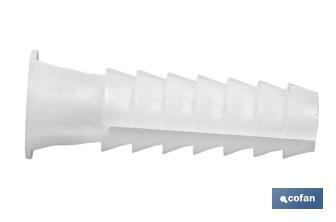 Taco de LDPE blanco estriado | En bolsitas de 25 unidades | Ideal para huecos y macizos | Medidas desde Ø 5 hasta 12 mm - Cofan