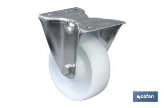 Rueda de nylon fija giratoria | Con cojinete liso | Para pesos de hasta 150 kg y diámetros de 80, 100 y 125 mm - Cofan
