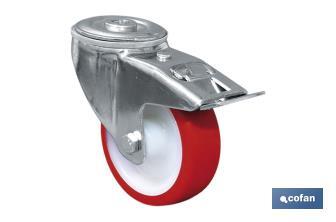 Polyurethane castor with single bolt hole, brake and swivel plate | With plain mounting plate - Cofan