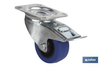 Swivel blue rubber castor with brake | With roller bearing | For loads up to 150kg and diameters of 80, 100 and 125mm - Cofan