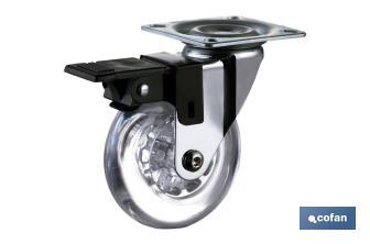 Clear polyurethane castor with swivel chrome-plated plate and brake | Available diameters from 35mm to 75mm - Cofan