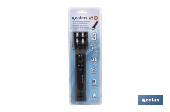 Aluminium torch, 3 Led, 3 functions, 5,5 x 25cm - Cofan