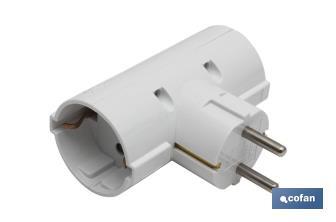 Two-way grounded Schuko socket adapter with 2 poles | White | 16A - 250V - Cofan